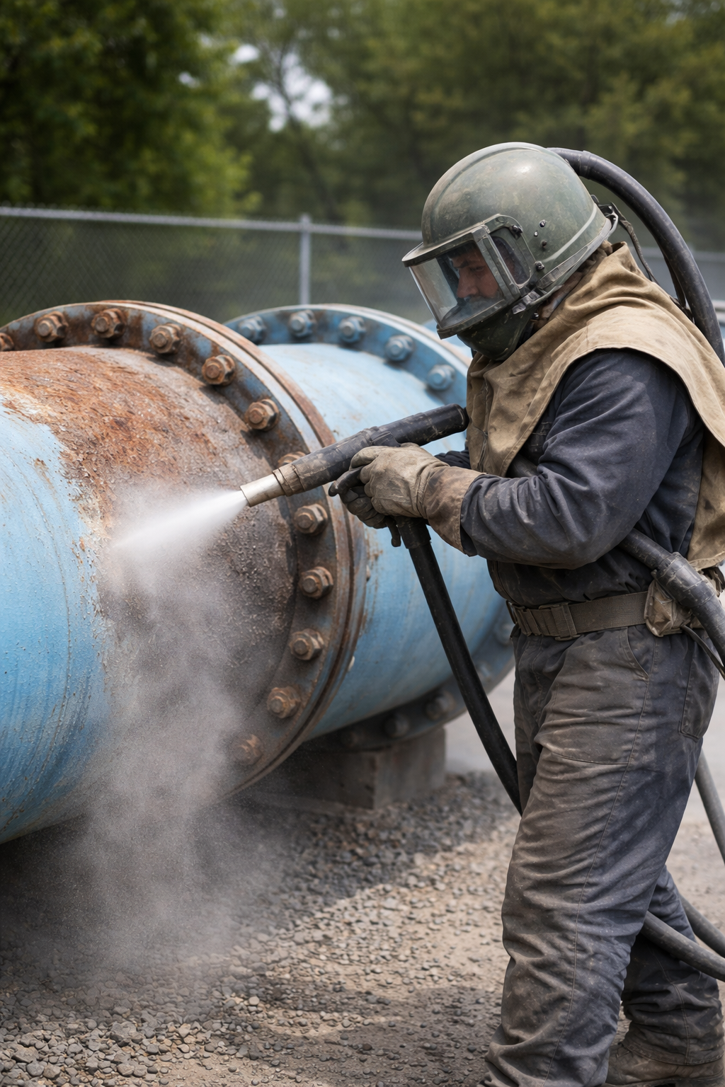 Industrial sandblasting equipment in action